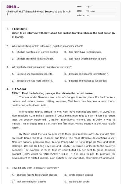Đề thi cuối kì 2 Tiếng Anh 9 Global Success có đáp án - Đề 5
