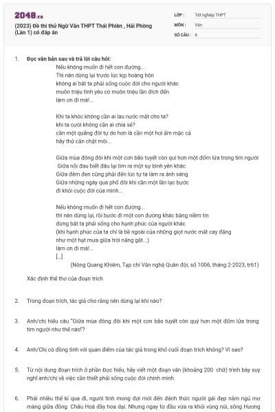 (2023) Đề thi thử Ngữ Văn THPT Thái Phiên , Hải Phòng (Lần 1) có đáp án