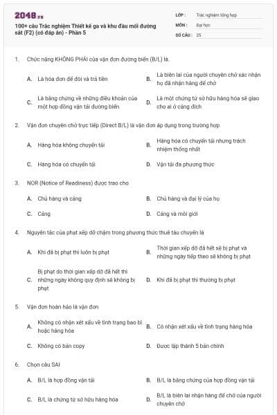 100+ câu Trắc nghiệm Thiết kế ga và khu đầu mối đường sắt (F2) (có đáp án) - Phần 5