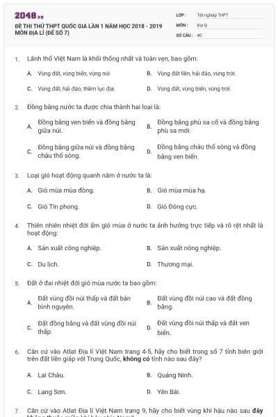 ĐỀ THI THỬ THPT QUỐC GIA LẦN 1 NĂM HỌC 2018 - 2019 MÔN ĐỊA LÍ (ĐẾ SỐ 7)