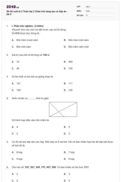 Đề thi cuối kì 2 Toán lớp 2 Chân trời sáng tạo có đáp án - Đề 9