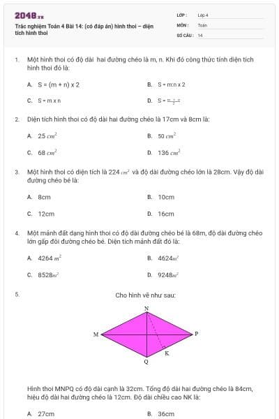 Trắc nghiệm Toán 4 Bài 14: (có đáp án) hình thoi – diện tích hình thoi