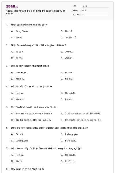 48 câu Trắc nghiệm Địa lí 11 Chân trời sáng tạo Bài 22 có đáp án