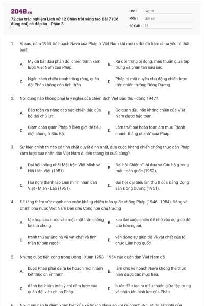 72 câu trắc nghiệm Lịch sử 12 Chân trời sáng tạo Bài 7 (Có đúng sai) có đáp án - Phần 3