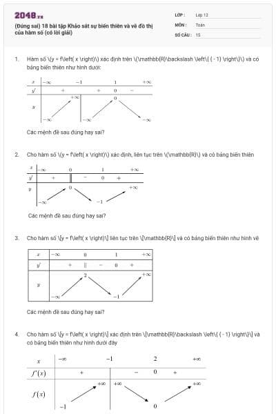 (Đúng sai) 18 bài tập Khảo sát sự biến thiên và vẽ đồ thị của hàm số (có lời giải)