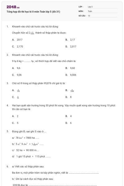 Tổng hợp đề thi học kì II môn Toán lớp 5 (đề 31)