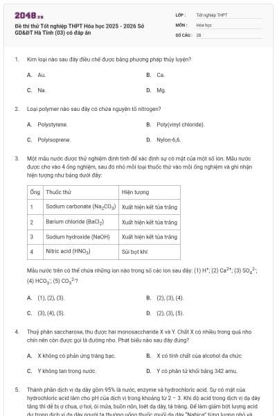 Đề thi thử Tốt nghiệp THPT Hóa học 2025 - 2026 Sở GD&ĐT Hà Tĩnh (03) có đáp án