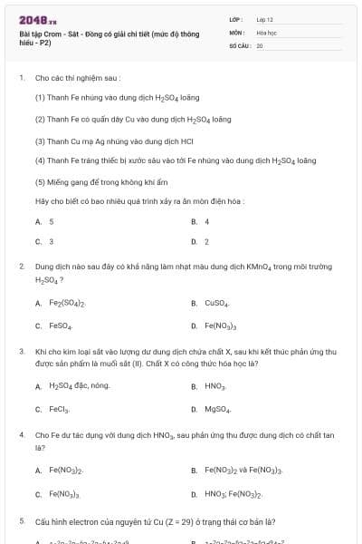 Bài tập Crom - Sắt - Đồng có giải chi tiết (mức độ thông hiểu - P2)