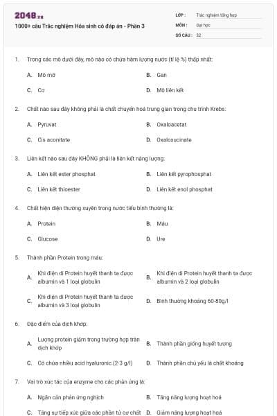 1000+ câu Trắc nghiệm Hóa sinh có đáp án - Phần 3