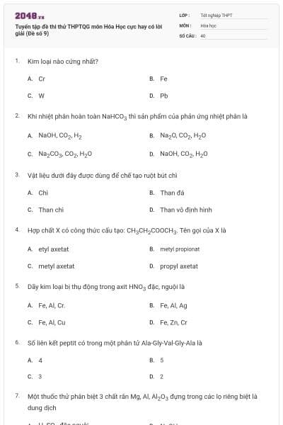 Tuyển tập đề thi thử THPTQG môn Hóa Học cực hay có lời giải (Đề số 9)