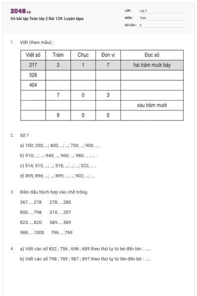 Vở bài tập Toán lớp 2 Bài 139: Luyện tậpa