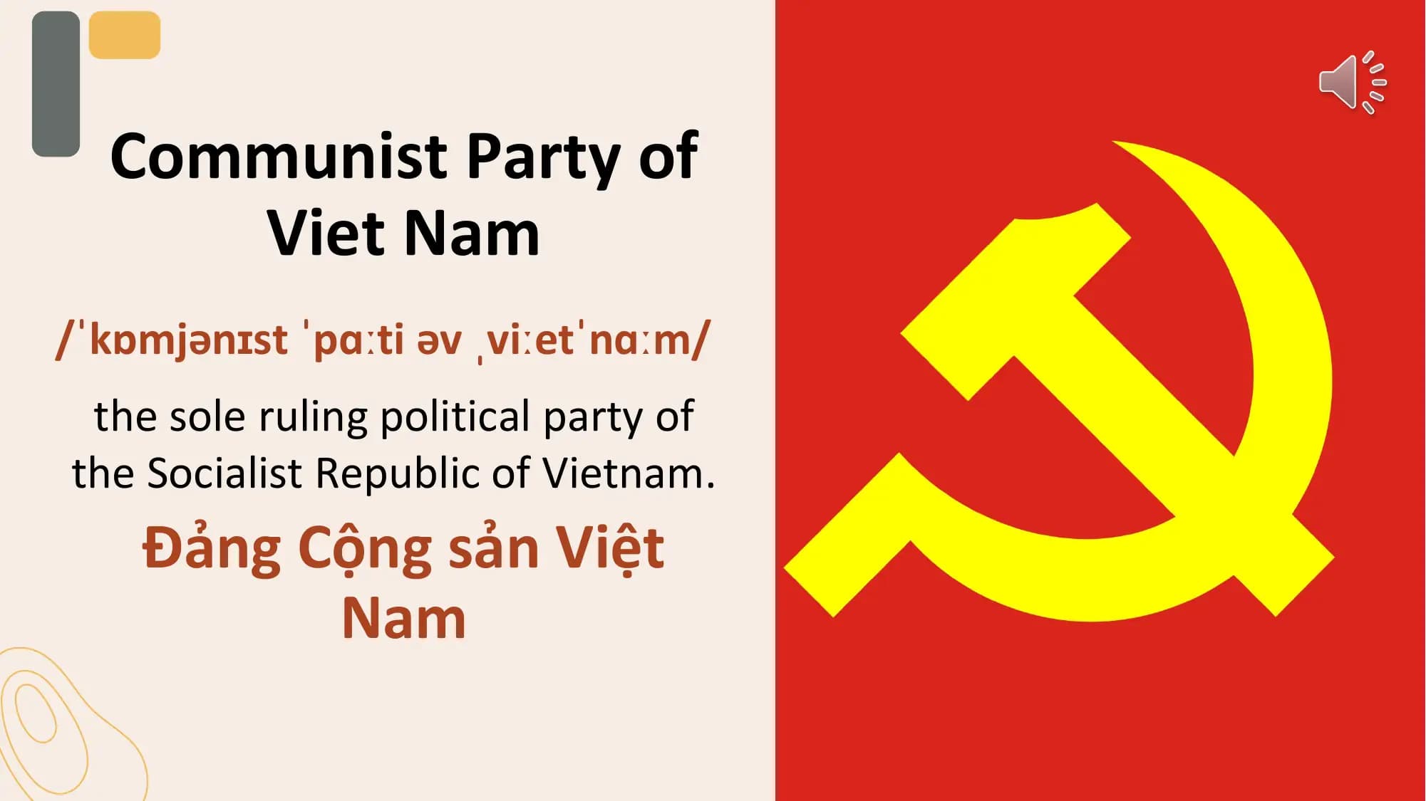 Communist Party of
 Viet Nam
/ˈkɒmjənɪst ˈpɑːti əv ˌviːetˈnɑːm/
 the sole ruling political party of
the Socialist Republic of Vietnam.
 Đảng Cộng sản Việt
 Nam