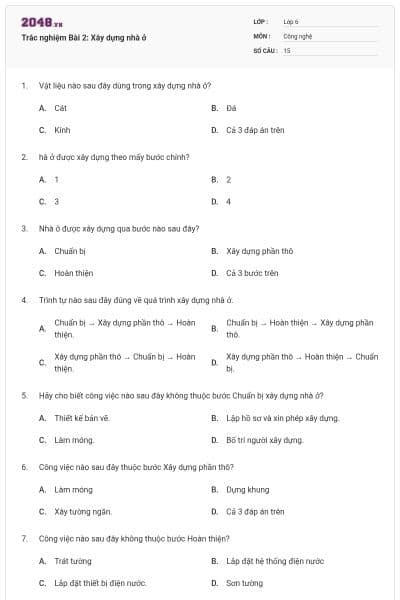 Trắc nghiệm Bài 2: Xây dựng nhà ở