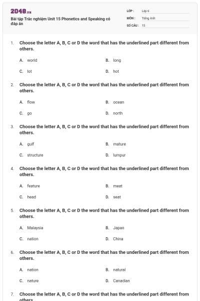 Bài tập Trắc nghiệm Unit 15 Phonetics and Speaking có đáp án