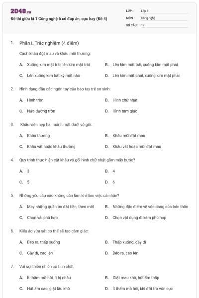 Đề thi giữa kì 1 Công nghệ 6 có đáp án, cực hay (Đề 4)
