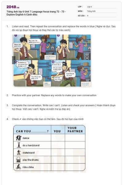 Tiếng Anh lớp 6 Unit 7 Language focus trang 72 - 73 - Explore English 6 Cánh diều