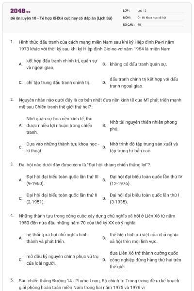 Đề ôn luyện 10 - Tổ hợp KHXH cực hay có đáp án (Lịch Sử)