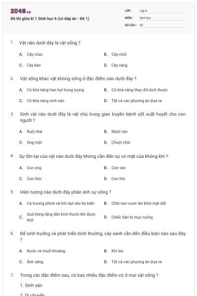 Đề thi giữa kì 1 Sinh học 6 (có đáp án - Đề 1)