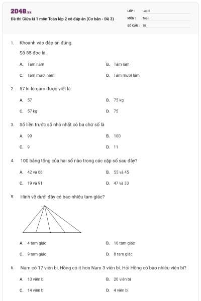 Đề thi Giữa kì 1 môn Toán lớp 2 có đáp án (Cơ bản - Đề 3)