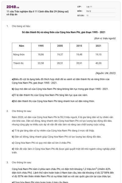 11 câu Trắc nghiệm Địa lí 11 Cánh diều Bài 29 (Đúng sai) có đáp án