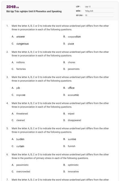 Bài tập Trắc nghiệm Unit 8 Phonetics and Speaking