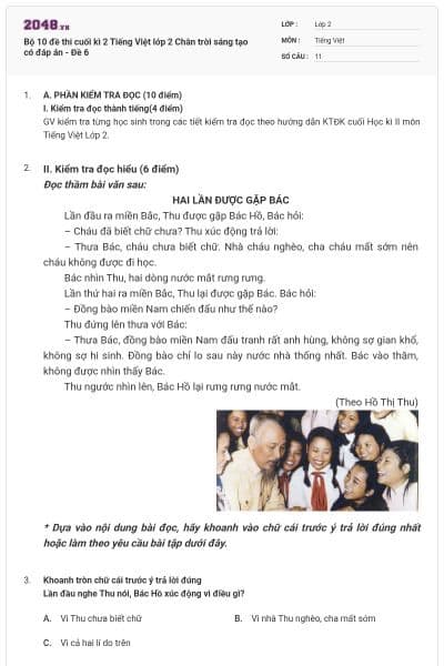 Bộ 10 đề thi cuối kì 2 Tiếng Việt lớp 2 Chân trời sáng tạo có đáp án - Đề 6