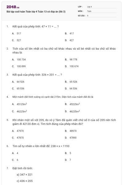 Bài tập cuối tuần Toán lớp 4 Tuần 13 có đáp án (Đề 3)