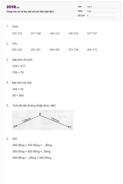 Cộng các số có ba chữ số (có nhớ một lần)