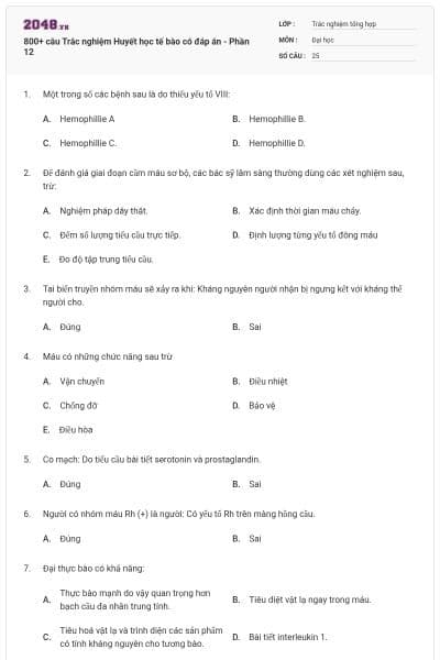 800+ câu Trắc nghiệm Huyết học tế bào có đáp án - Phần 12