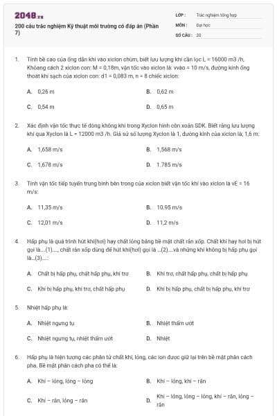 200 câu trắc nghiệm Kỹ thuật môi trường có đáp án (Phần 7)