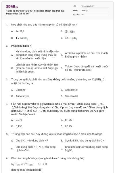 15 Đề thi thử THPTQG 2019 Hóa Học chuẩn cấu trúc của bộ giáo dục (Đề số 10)