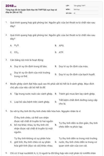 Tổng hợp đề ôn luyện Sinh Học thi THPTQG cực hay có đáp án (Đề số 18)