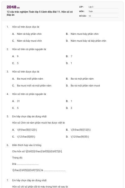 12 câu trắc nghiệm Toán lớp 5 Cánh diều Bài 11. Hỗn số có đáp án