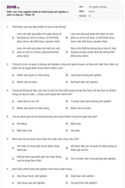 500+ câu Trắc nghiệm Quản lý chất lượng xét nghiệm y sinh có đáp án - Phần 16