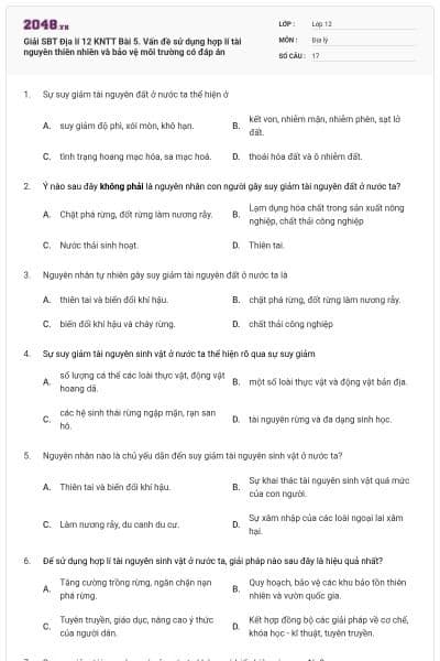 Giải SBT Địa lí 12 KNTT Bài 5. Vấn đề sử dụng hợp lí tài nguyên thiên nhiên và bảo vệ môi trường có đáp án