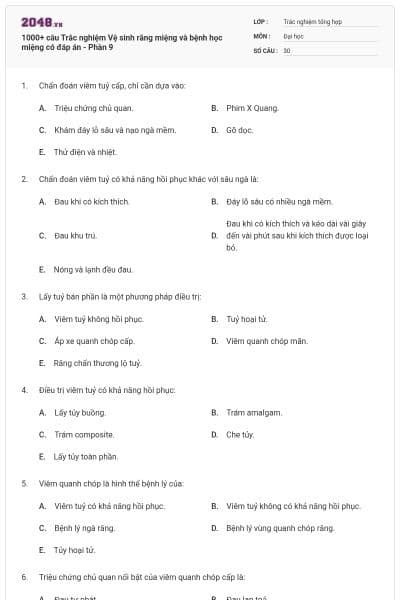 1000+ câu Trắc nghiệm Vệ sinh răng miệng và bệnh học miệng có đáp án - Phần 9