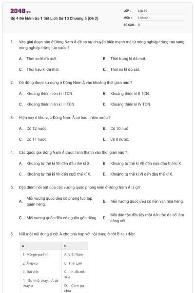Bộ 4  Đề kiểm tra 1 tiết Lịch Sử 10 Chương 5 (Đề 2)