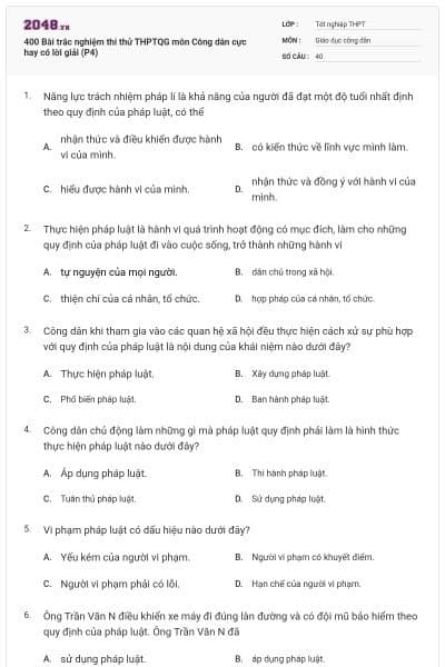 400 Bài trắc nghiệm thi thử THPTQG môn Công dân cực hay có lời giải (P4)
