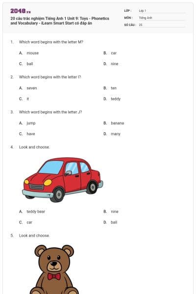 20 câu trắc nghiệm Tiếng Anh 1 Unit 9: Toys - Phonetics and Vocabulary - iLearn Smart Start có đáp án