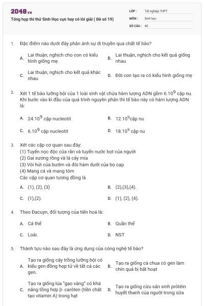 Tổng hợp thi thử Sinh Học cực hay có lời giải ( Đề số 19)