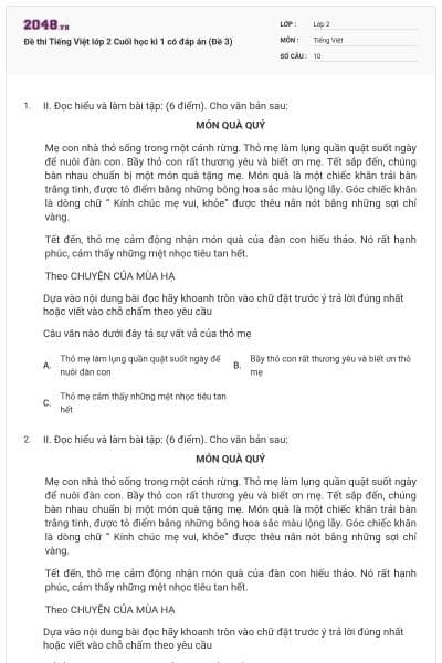 Đề thi Tiếng Việt lớp 2 Cuối học kì 1 có đáp án (Đề 3)