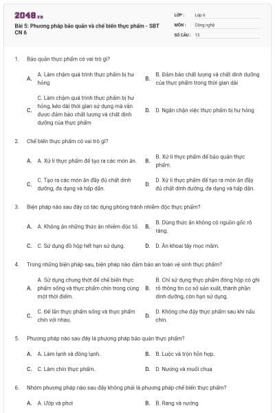 Bài 5: Phương pháp bảo quản và chế biến thực phẩm - SBT CN 6