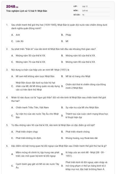 Trắc nghiệm Lịch sử 12 bài 9: Nhật Bản