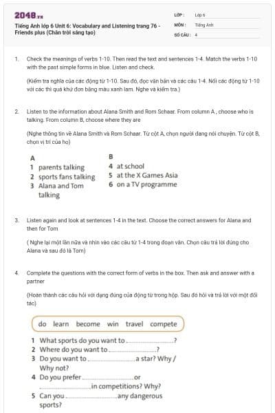 Tiếng Anh lớp 6 Unit 6: Vocabulary and Listening trang 76 - Friends plus (Chân trời sáng tạo)