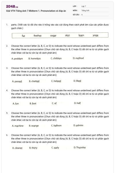 Giải VTH Tiếng Anh 7 Midterm 1. Pronunciation có đáp án