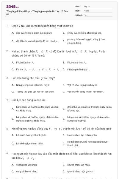 Tổng hợp lí thuyết Lực - Tổng hợp và phân tích lực có đáp án