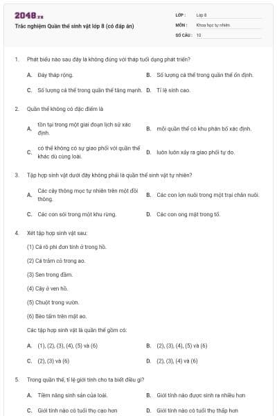 Trắc nghiệm Quần thể sinh vật lớp 8 (có đáp án)