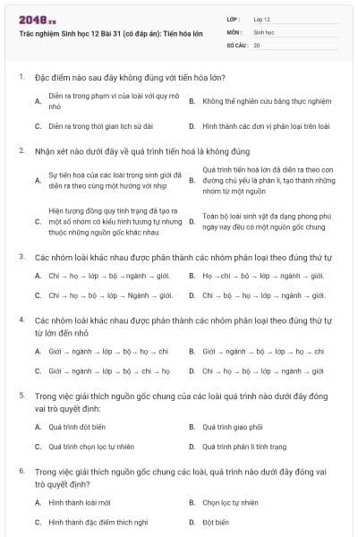 Trắc nghiệm Sinh học 12 Bài 31 (có đáp án): Tiến hóa lớn