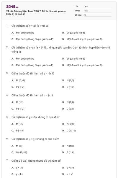 24 câu Trắc nghiệm Toán 7 Bài 7: Đồ thị hàm số: y=ax (a khác 0) có đáp án