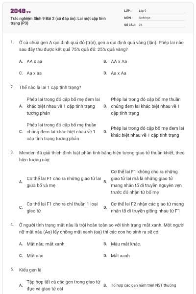 Trắc nghiệm Sinh 9 Bài 2 (có đáp án): Lai một cặp tính trạng (P3)